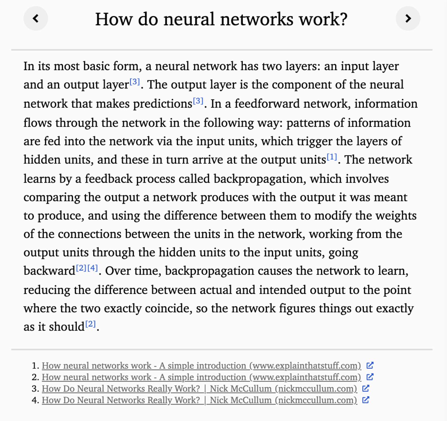Final output generated by WebGPT for the question 'How do neural networks work?'. Note the presence of References at the bottom. Taken from the official blog.
