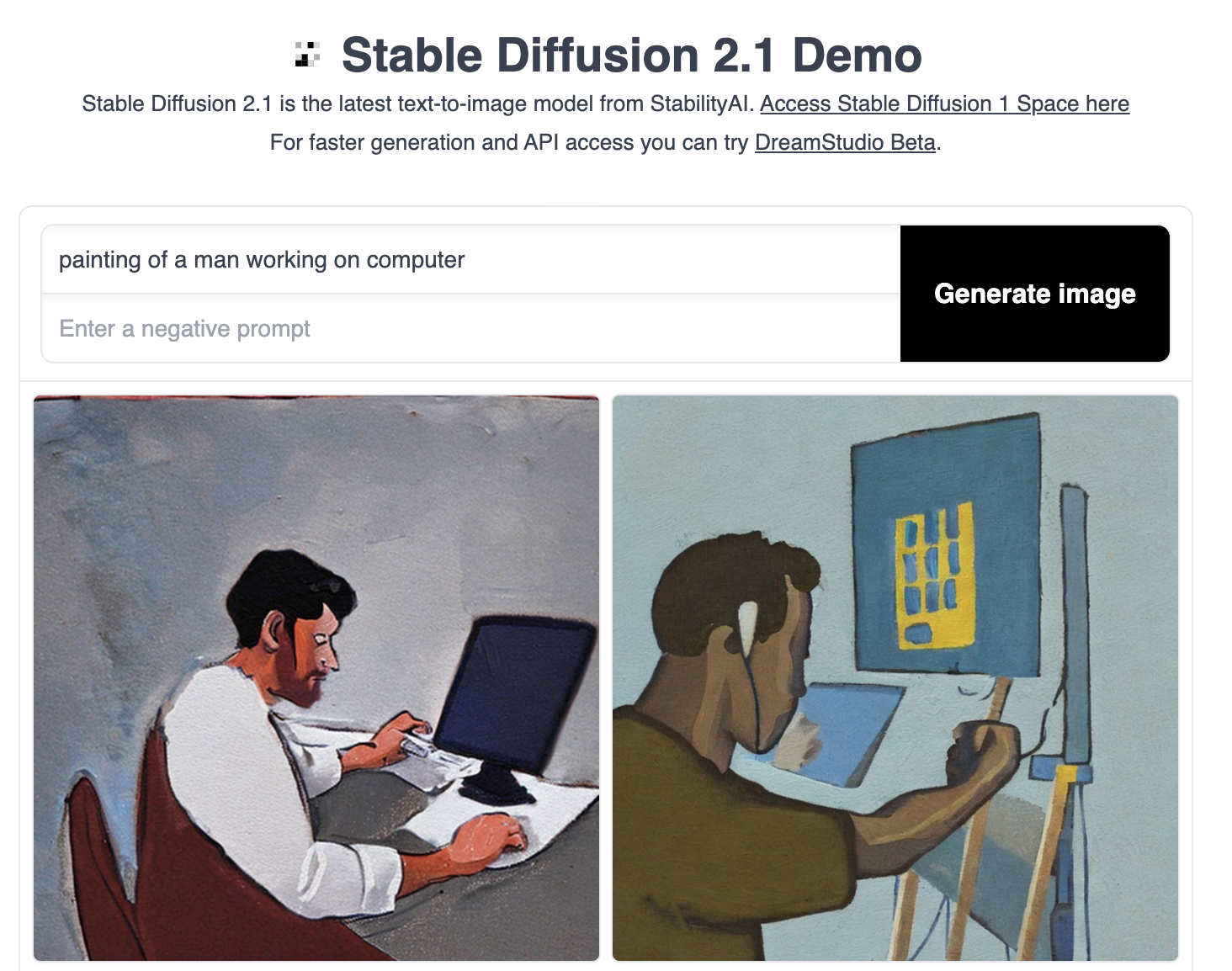 Showing two generations for prompt 'painting of a man working on computer' on Stable Diffusion 2.1 Demo hosted on Hugging Face Spaces. [1] (Image by Author)